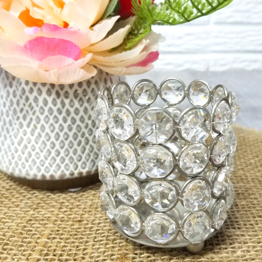 Silver Crystal Beaded Candle Holder